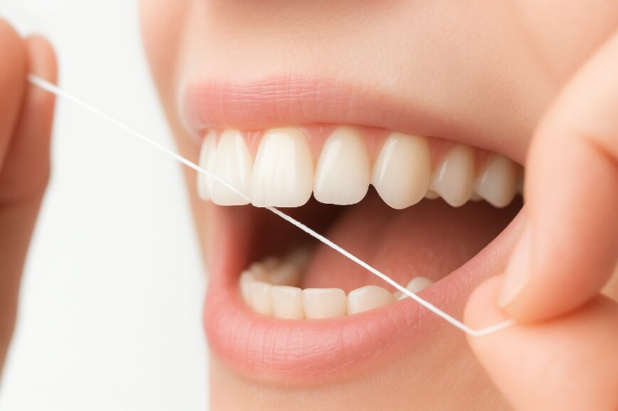 Zbliżenie na usta kobiety, która dba o zdrowe dziąsła używając nitki do zębów