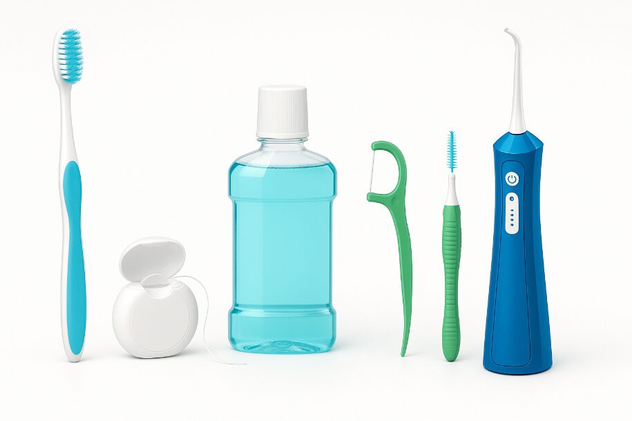 Przybory przydatne w dbaniu o zdrowe dziąsła i zęby. Na zdjęciu są szczoteczka do zębów i przestrzeni międzyzębowych, płyn do płukania ust, nić dentystyczna i irygator