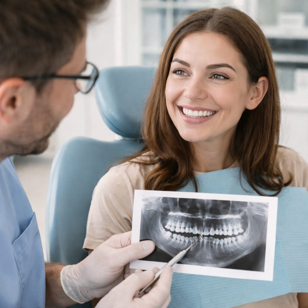 Uśmiechnięta pacjentka siedzi na fotelu dentystycznym, a stomatolog pokazuje jej zdjęcie RTG zębów podczas konsultacji przed leczeniem kanałowym w nowoczesnym gabinecie stomatologicznym.